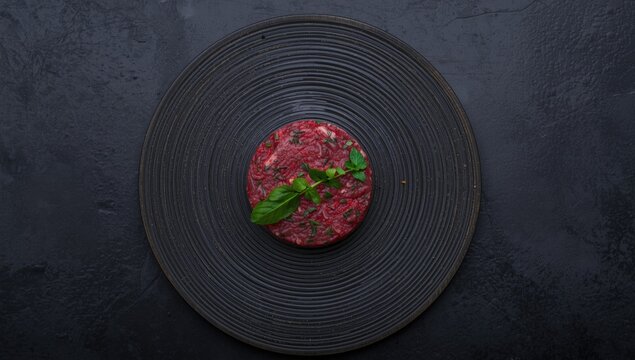 Spicy raw beef tartare with fresh herbs and egg yolk served elegantly with dark textured background and copy space