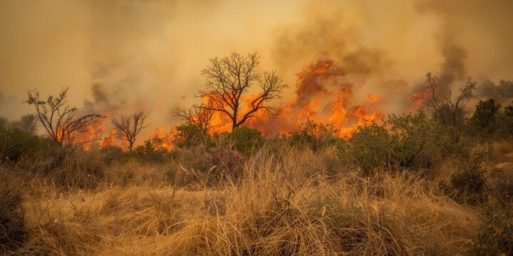 Wildfire burning through dry vegetation and trees in a landscape