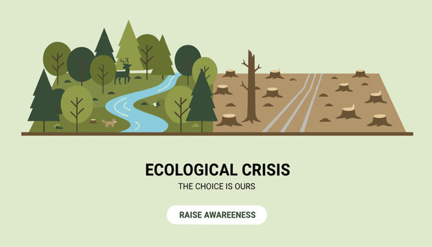 Ecological crisis comparison diagram contrasts a lush green forest with deforested barren land to raise awareness.