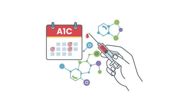 Diagnostic blood test illustration details A1C hemoglobin tracking on a medical calendar with molecular structures.