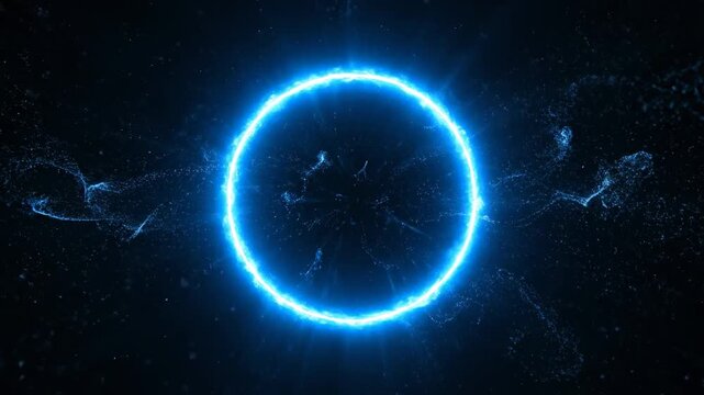 Glowing blue circle with particle effects against a dark backdrop