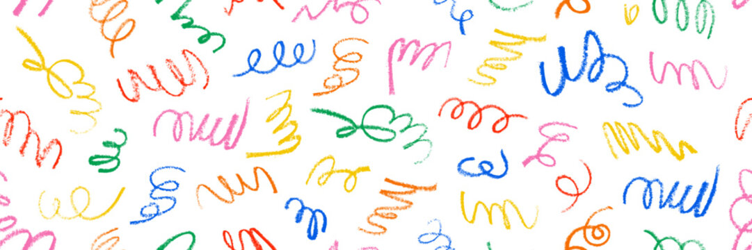 Rainbow crayon squiggle seamless pattern on transparent background. Funky hand drawn multicolored scribbles and wavy lines. Playful chalk scattered sprinkles for kids design. Fun confetti print