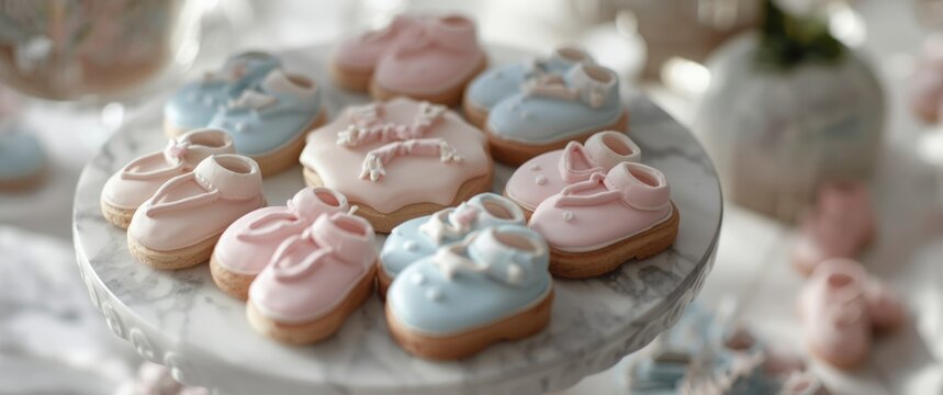 Marble plate featuring pastel pink and blue baby shower cookies with bootie favors