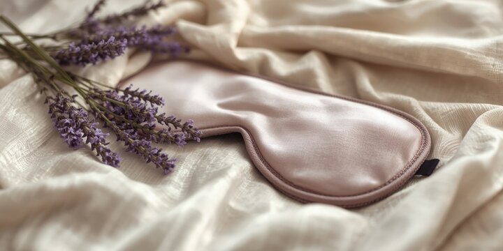 Sleep mask and calming lavender arranged for deep sleep on textured fabric