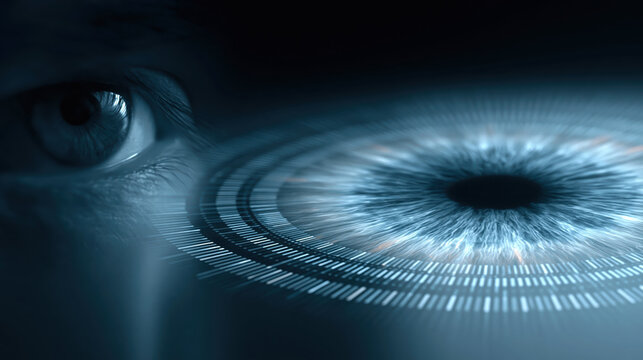 Glowing iris biometric eye scan on a dark reflective surface