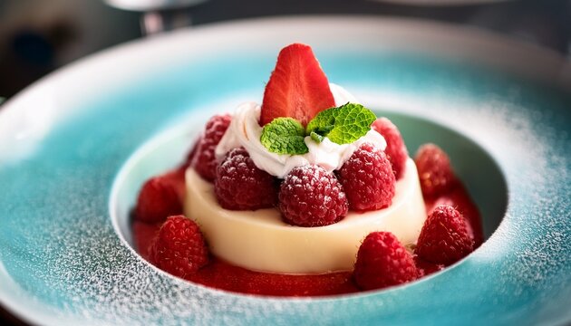 delicious and delicate raspberry dessert with vanilla cream strawberry and whipped cream selective focus