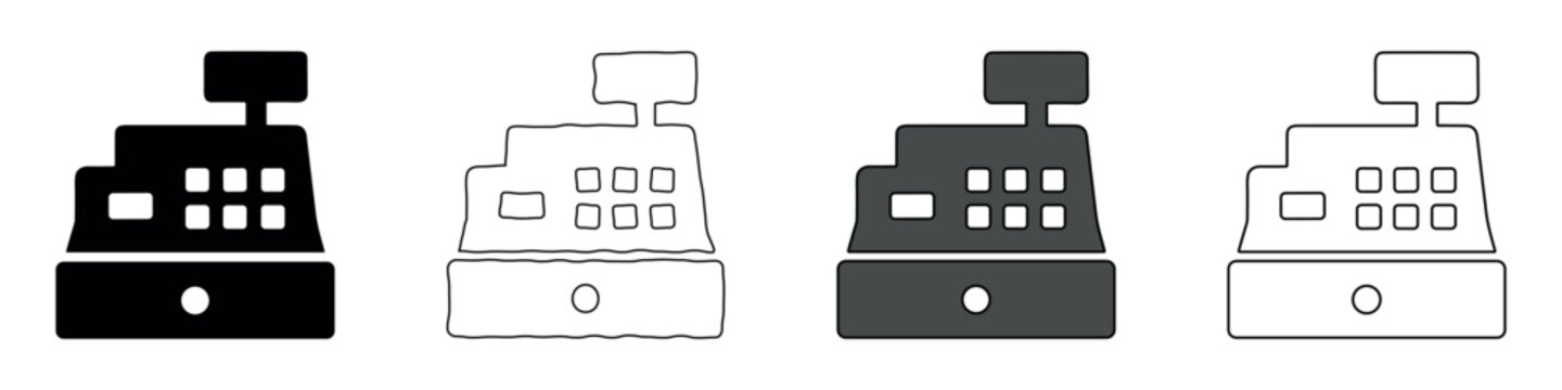 Collection of four cash register icons in different styles and colors