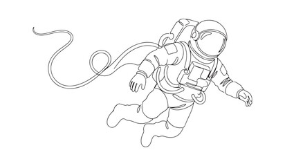 Obraz premium Astronaut floating in space continuous line art vector illustration isolated on white background.