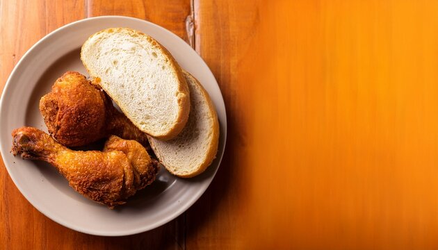 brazilian style deep fried chicken and sliced white bread called frango a passarinho top view