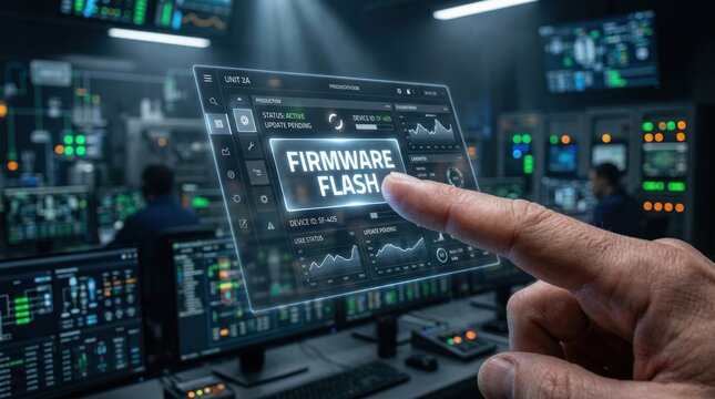 Hand touching digital screen for firmware flash update in high tech control room, for system optimization, technical maintenance, process digital transformation