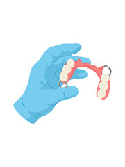 dental professional latex gloved hand presenting partial denture illustration isolated on white background © Tetiana Kasatkina