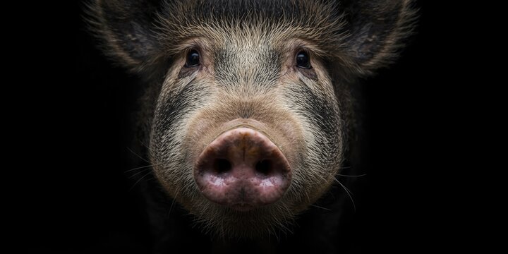 Kune Kune pig facial portrait close-up capturing its rugged fur and characteristic snout on dark background