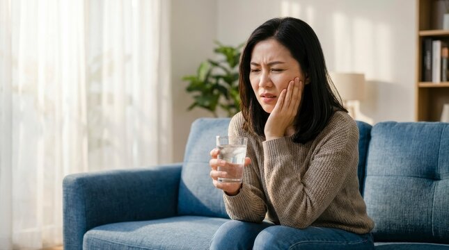 Young Woman Suffering from Severe Toothache at Home dirty teeth
