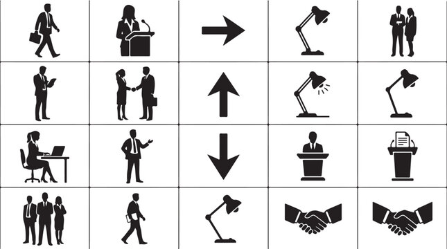 Professional business vector graphic collection showing various office workers leadership symbols and desk lamps arranged in a clean grid layout