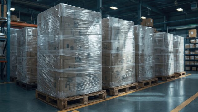 Stacked cardboard boxes wrapped in plastic in a warehouse