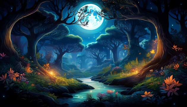 a beautiful fairytale enchanted forest at night with a big moon in the sky illuminating trees and great vegetation