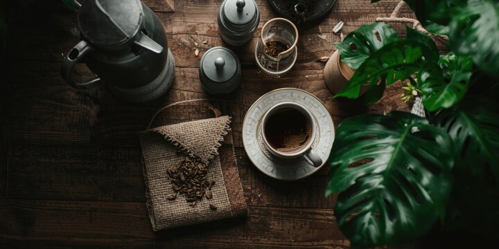 Wood table featuring metal objects brewed tea and lush green plant
