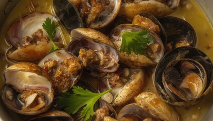Fototapeta premium Clams in broth garnished with fresh cilantro