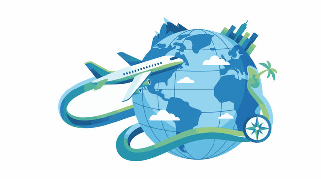A blue globe with clouds plane city palm tree and compass