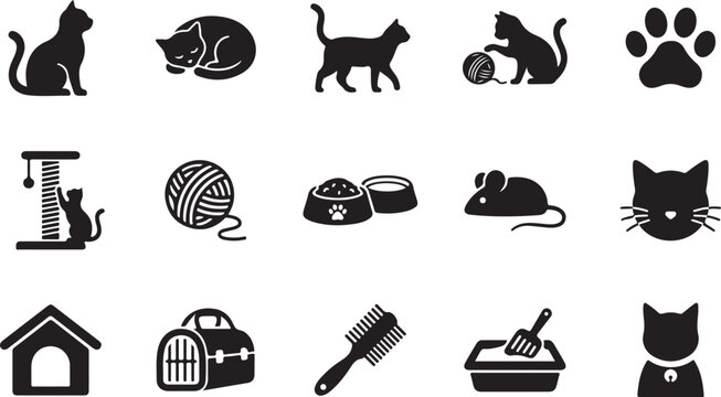 Detailed black vector illustration set featuring various domestic cat silhouettes icons and essential pet care accessories for modern graphic design