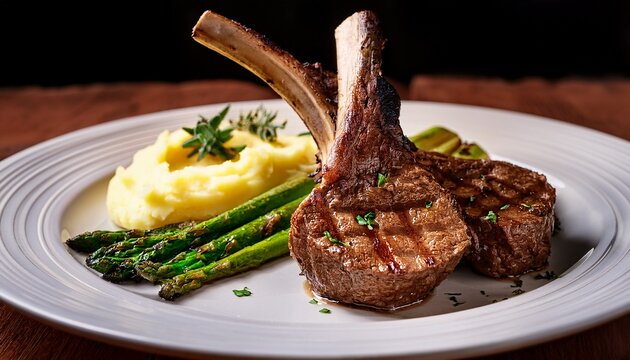 grilled lamb chops browned on the grill with truffled mashed potatoes and grilled asparagus