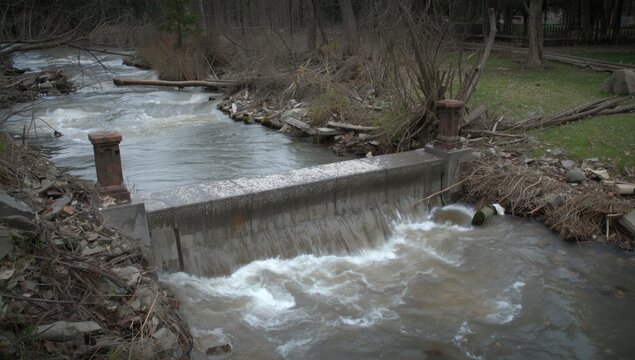 Water flowing over a small dam in a wooded area