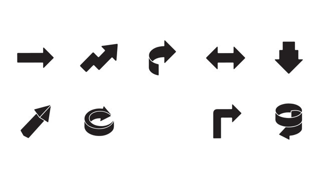 Three dimensional black arrow icons collection with perspective and shadow for infographic.