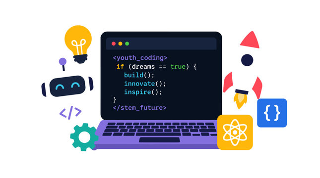 Coding Laptop With Colorful Doodles And Computer Screen.