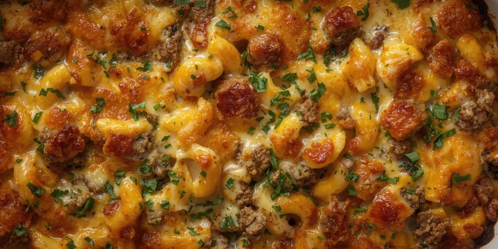 Top view of baked macaroni casserole with lamb mince and creamy b&Atilde;&copy;chamel under golden cheese crust