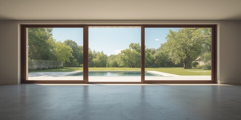 Fototapeta premium Open room featuring giant window with scenic summer backyard and serene pool in view
