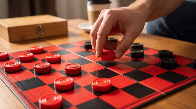 Hand moving checker piece on red and black board game table  
