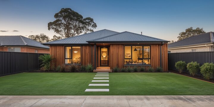Modern wooden house with landscaped yard and pathway