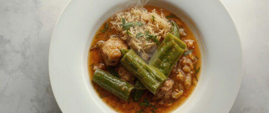 Overhead shot of Nigerian okra soup accompanied by eba on a clean white dish