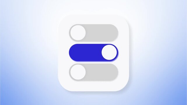 Toggle button switch slider, web and smartphone UI, switch off on button animation. Blue Modern Neumorphism style slide button. Minimalist iOS style switch toggle animation on white background
