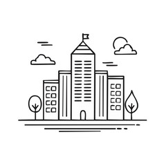Obraz premium Modern cityscape illustration with diverse buildings trees and clouds in simple outline style