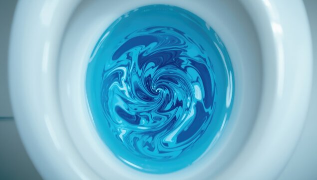 Overhead perspective of a toilet bowl with lively blue cleansing fluid inside