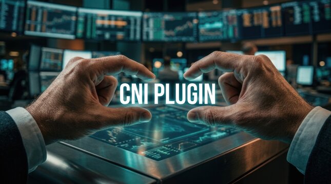 Businessman interacting with cni plugin text over digital financial dashboard, for advanced network connectivity, cloud infrastructure management, seamless system integration