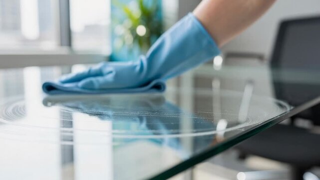 Close up of hand with blue glove wiping glass table with microfiber cloth in modern office