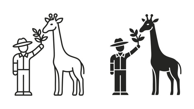 Giraffe and Zookeeper Icon: A friendly zookeeper offers a leaf to a tall giraffe, represented in both line art and silhouette icon styles, symbolizing care and interaction.