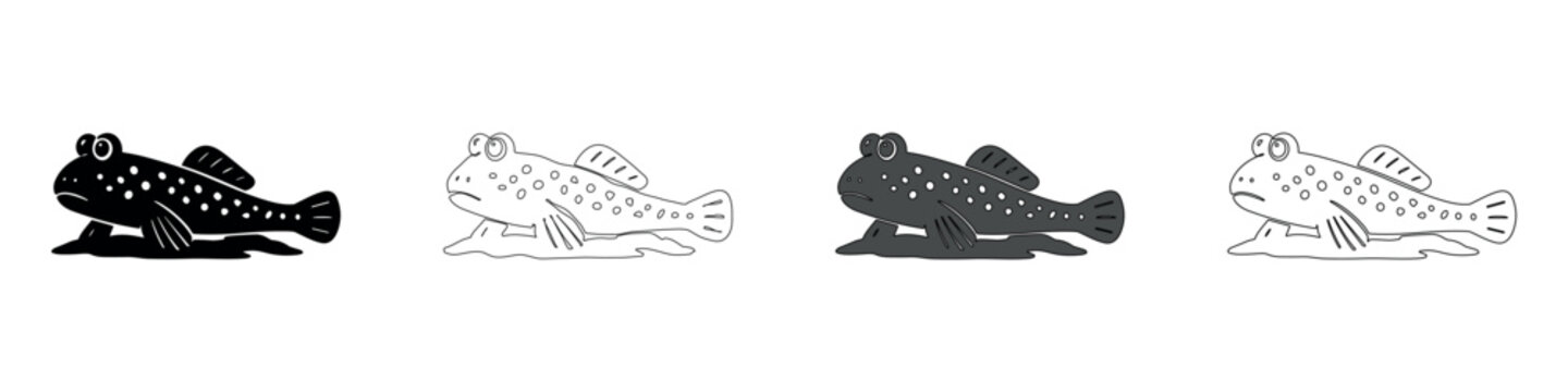 Mudskipper fish illustration in four distinct graphic styles on white background
