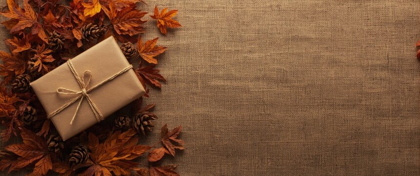 Wrapped gift on autumn leaves and pinecones background