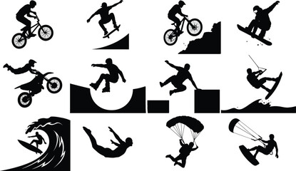 Fototapeta premium Extreme Sports Silhouettes Featuring BMX, Skateboarding, Surfing, Snowboarding, Motocross, Skydiving, and Kiteboarding Activities