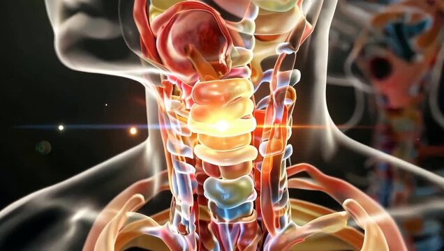 Human neck and shoulder anatomy with glowing spine and nerves visible
