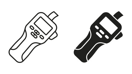 Digital Device Icons: Two simple vector icons of a digital handheld device, one in outline and one in solid black, displaying a small screen and buttons. © Hasnani
