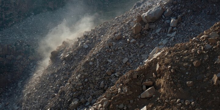 Rocky hillside with loose stones and dust cloud