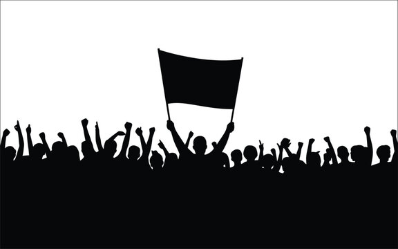 Crowd of people silhouette featuring happy cheering fans with scarves for football stadium, concert audience, and celebration, vector, designs
