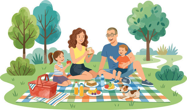 Happy Family Picnic in the Park with Kids and Dog Enjoying Outdoor Meal on Checkered Blanket children summer people woman