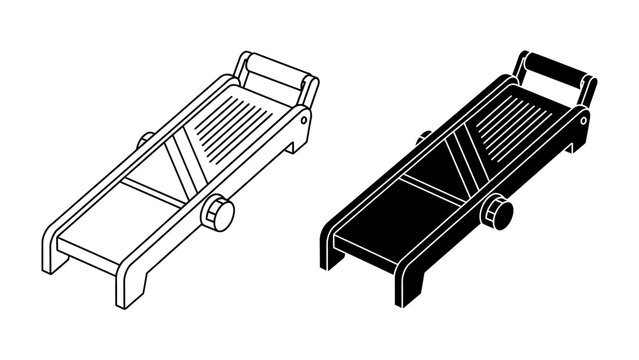 Kitchen Mandoline Slicer Duo: Two kitchen mandoline slicers, one in outline and the other in solid black, are shown side-by-side, ready for precise food preparation.