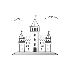 Fototapeta premium Stylized black and white outline of a medieval castle with towers and flags under clouds