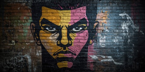 Fototapeta premium Urban art graffiti mural showcasing a bold face on a vibrant brick wall background with copy space